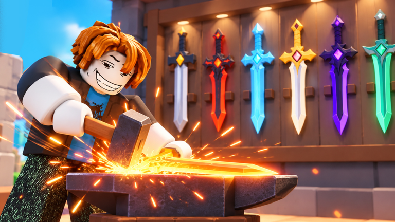 A Sword Hunter character forging a sword at an anvil in front of a wall of colorful swords.