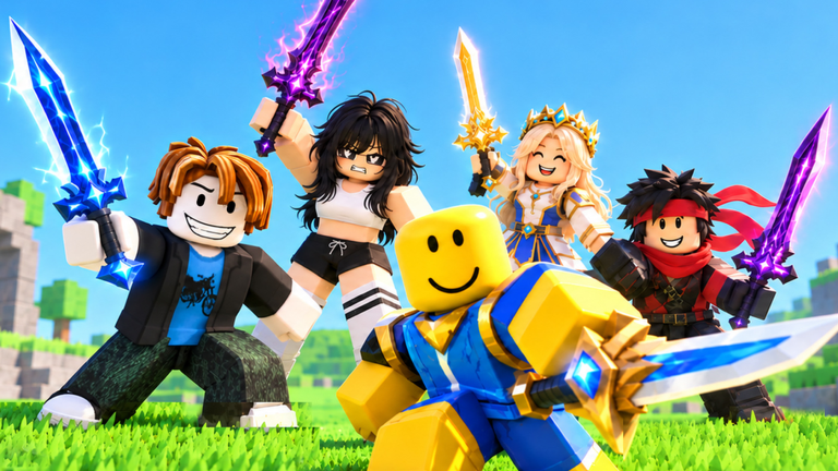 Sword Hunter characters raising glowing blue, purple, and gold swords in a grassy field.