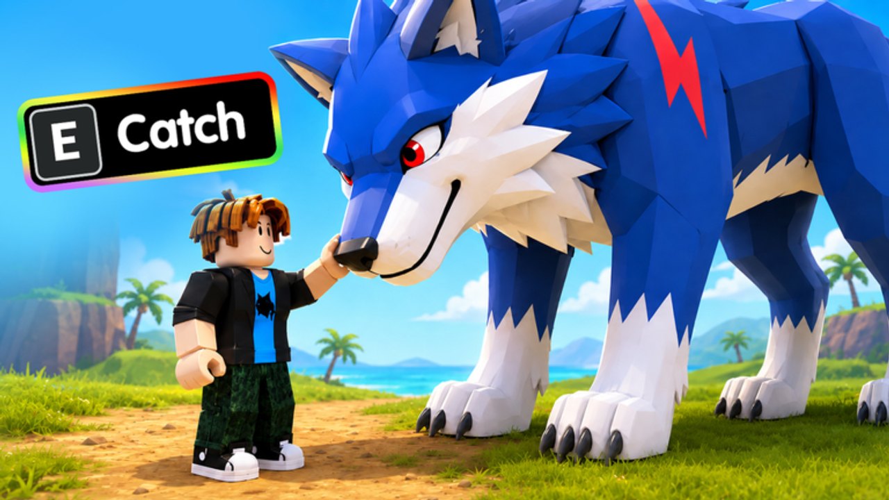 Sword Hunter art of the E Catch prompt appearing as a hunter walks up to a giant blue wolf