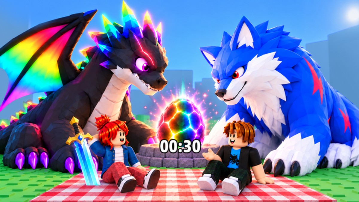 Sword Hunter key art of two hunters waiting for a rainbow egg to hatch between a rainbow-maned dragon and a blue wolf