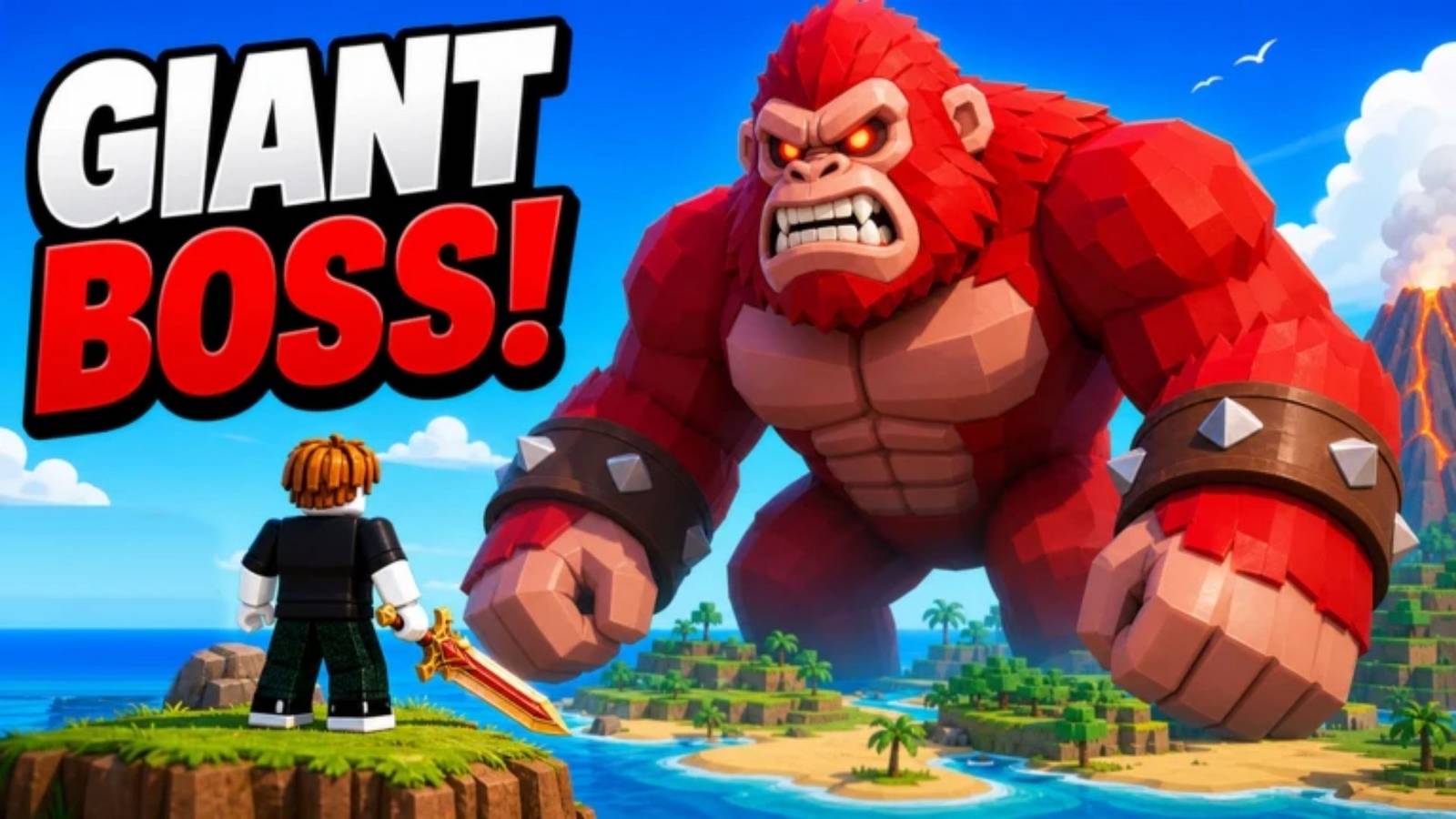 Sword Hunter key art of the giant red gorilla boss towering over the tropical islands as a hunter faces it with a drawn sword