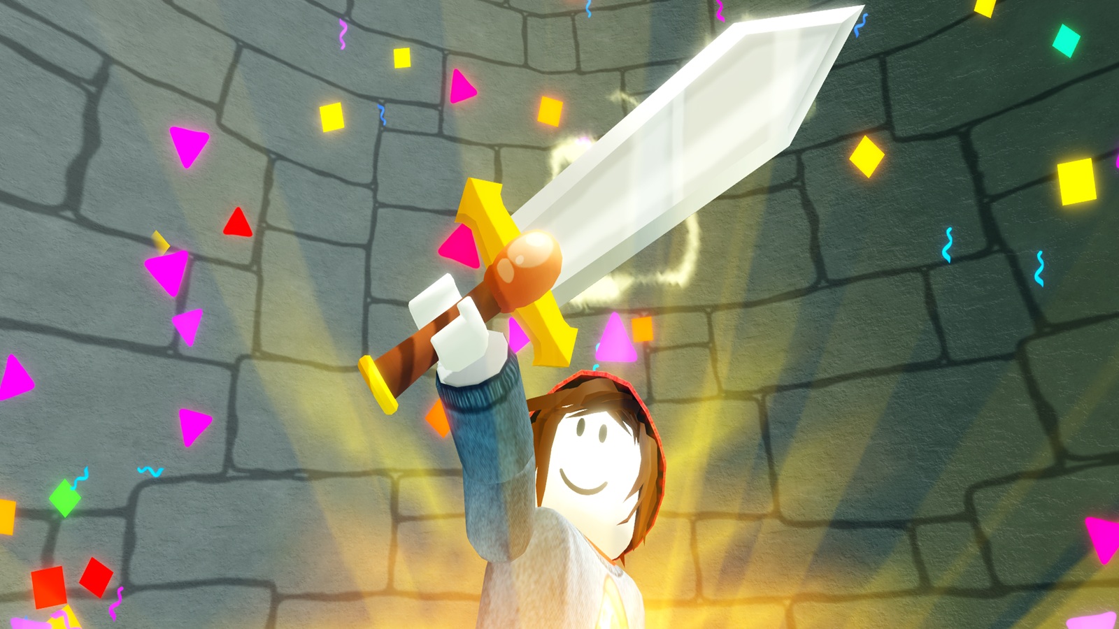 A Sword Hunter hunter holding a huge glowing white sword overhead while confetti fills the air